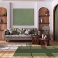 Vintage wooden living room with curtains, fabric sofa, tables and carpet in white and green tones. Parquet floor and arched door. Royalty Free Stock Photo