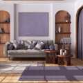 Vintage wooden living room with curtains, fabric sofa, tables and carpet in white and purple tones. Parquet floor and arched door Royalty Free Stock Photo