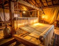 Vintage wooden loom with threads inside a rustic weaving studio setting Royalty Free Stock Photo
