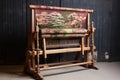 vintage wooden loom with woven tapestry