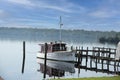 Vintage wooden powerboat at the dock