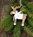 Vintage Wooden Reindeer Christmas Decoration and Fir Tree Branch Royalty Free Stock Photo