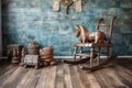 vintage wooden rocking horse on rustic floor
