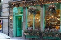 Vintage wooden shop decoration in European style for winter holidays - Christmas, New Year. Montreal, Quebec, Canada