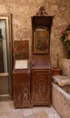 Vintage wooden stands for holy books in the interior of the St. Jacobs orthodox cathedral Jerusalem in Christian quarters in the