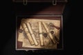 Vintage wooden suitcase with scrolls with wax seal