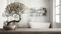 Vintage wooden table shelf with pebble and potted bloom bonsai, white flowers, over classic bathroom with bathtub, modern interior