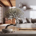 Vintage Wooden Table Shelf With Pebble And Potted Bloom Bonsai, White Flowers, Over Farmhouse Wooden Living Room And Kitchen, Zen
