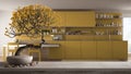 Vintage wooden table shelf with pebble and potted bloom bonsai, white flowers, over minimalist white and yellow kitchen, modern