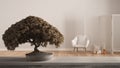 Vintage wooden table shelf with potted bloom bonsai, beige leaves, flowers, over contemporary living room with armchair, modern