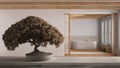 Vintage wooden table shelf with potted bloom bonsai, beige leaves, flowers, over minimal waiting bathroom with parquet.