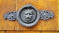 Vintage wooden texture with decorative lion head and snake ring door knocker Royalty Free Stock Photo