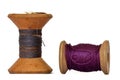 Vintage wooden thread spools on white background Royalty Free Stock Photo