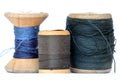 Vintage wooden thread spools on white background Royalty Free Stock Photo