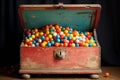 a vintage wooden toy box overflowing with colorful gumballs Royalty Free Stock Photo
