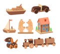 Vintage Wooden Toys Set. Toys For Children Made Of Wood Bears, Plane, Sword, Hedgehog Educational, Puzzle, Dog