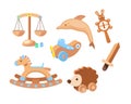 Vintage wooden toys set. Toys for children made of wood bears, plane, sword, hedgehog educational, puzzle, dog Royalty Free Stock Photo