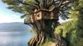 The vintage wooden treehouse exterior at lake Como. Generative AI AIG30.
