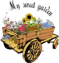 Vintage wooden trolley with flowers. Nostalgia for the good old days
