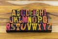 Vintage wooden typeset alphabet spelling letters education typeface letterpress