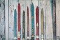 Vintage wooden weathered ski`s in winter during snow