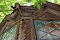 Vintage wooden house with lace curtain, Tomsk Russia Royalty Free Stock Photo