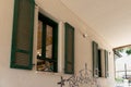 Vintage wooden window shutters with blinds in an old house in Zikhron Yaakov city in northern Israel