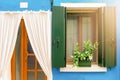 Vintage wooden window and white curtain on blue cement background