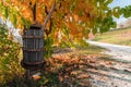 Vintage winepress and orange leaves autumn background Royalty Free Stock Photo