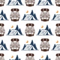 Vintage woods camp seamless pattern background travel hand drawn emblems nature mountain camp outdoor vector
