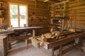 vintage woodworking tools in wood room. Carpentry. carpenter's workbench Royalty Free Stock Photo