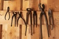 vintage woodworking tools on wood wall. Carpentry. carpenter's workbench Royalty Free Stock Photo