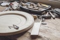 Vintage woodworking tools and wooden unfinished plate, on a workbench, dust and shavings: carpentry, craftsmanship and handwork Royalty Free Stock Photo