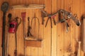 vintage woodworking tools on wooden wall. Carpentry. carpenter's workbench Royalty Free Stock Photo