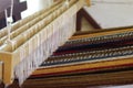 Vintage wool loom with a multi-colored rug Royalty Free Stock Photo