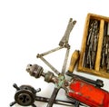 Vintage working tools ( drill and more) on white Royalty Free Stock Photo