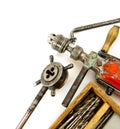 Vintage working tools ( drill and more) on white Royalty Free Stock Photo