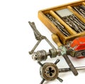 Vintage working tools ( drill and more) on white Royalty Free Stock Photo