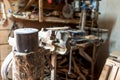 Vintage workshop with close-up of rusty bench vise