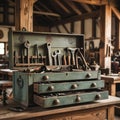 Vintage workshop setting featuring a green metal toolbox on a wooden table Royalty Free Stock Photo