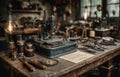 Vintage Workshop with Tools and Equipment on Wooden Table Royalty Free Stock Photo