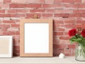 Vintage workspace with phill of books on brick wall and mockup poster. Workspace Mock up tabletop with vintage books and Royalty Free Stock Photo