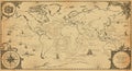 Vintage world map with an aged parchment appearance featuring detailed renderings Royalty Free Stock Photo