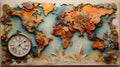 Vintage world map with antique clock on the background of old paper, with copy space Royalty Free Stock Photo