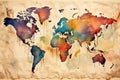 Vintage world map. Colorful paint, watercolor on grunge paper Royalty Free Stock Photo