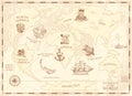 Vintage world map with compass and mountains. Sea creatures in the ocean. Aged treasure. marine captain and anchor