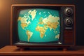 A Vintage World Map on a Retro Television Screen A Glimpse into Global Communication and Geography of the Royalty Free Stock Photo
