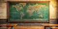 Vintage world map on a rustic chalkboard in a classroom setting. Generative AI