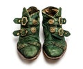 Vintage worn leprechaun shoes with gold buckles isolated on white