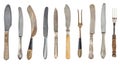 Vintage worn out knifes and forks isolated on a white background. Retro silverware Royalty Free Stock Photo